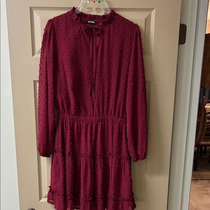 Textured Ruffle Neck Long Sleeve Burgundy Dress